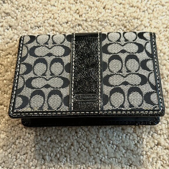 Coach Y2K Card Holder Case Wallet Signature Canvas Patent Leather Black Gray - Picture 1 of 12